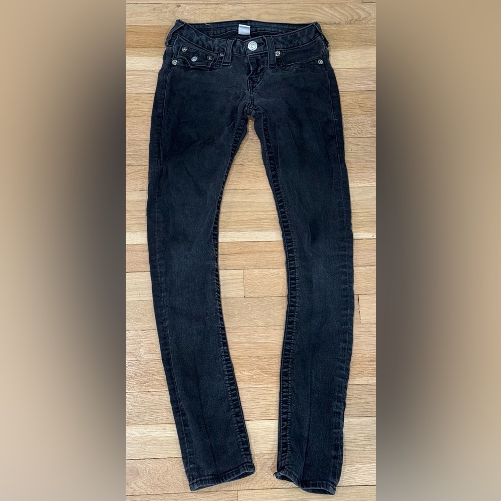 True Religion Women Jeans Sz 26 Low Rise Skinny Flap Leggings Black Gray Pants